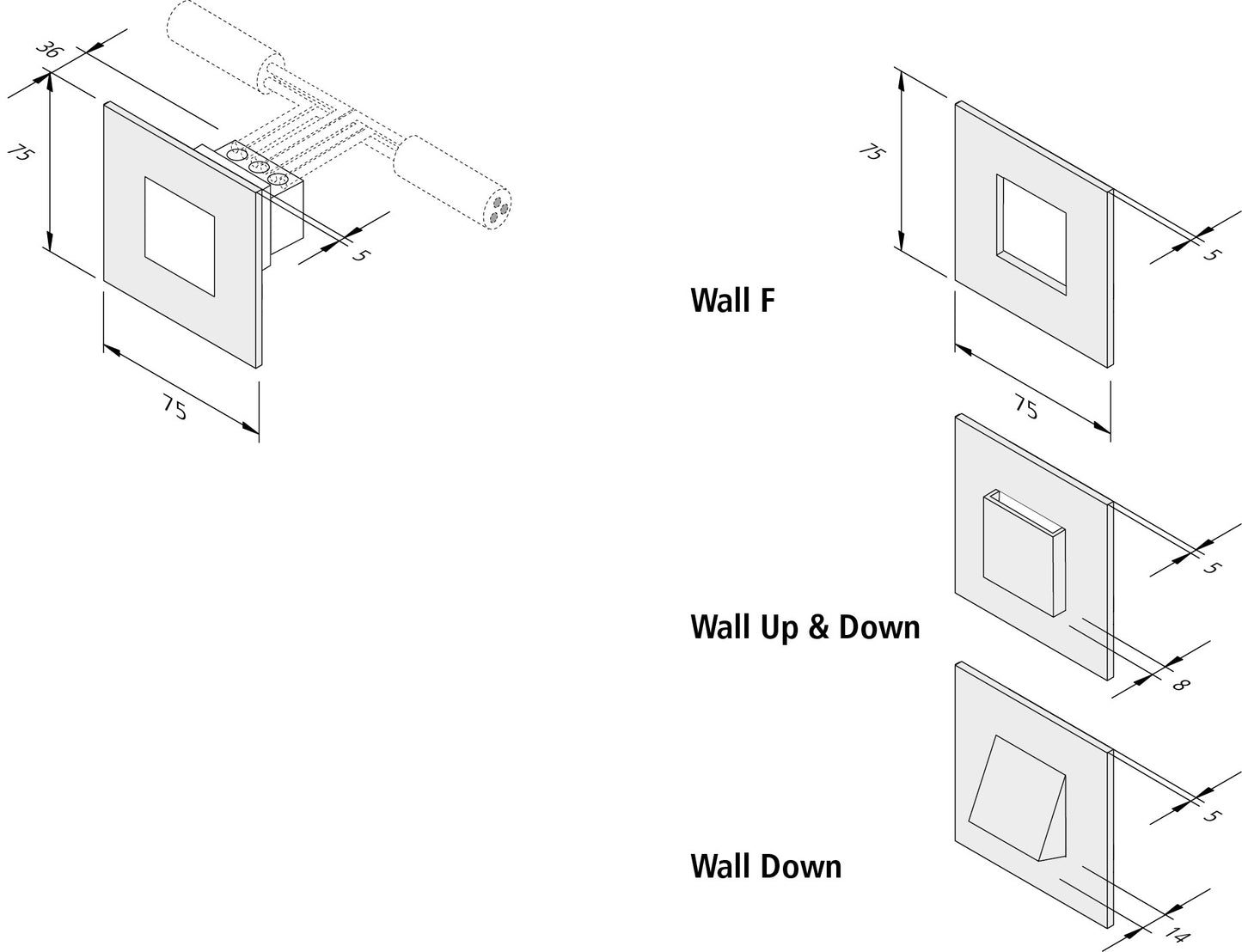 HERA Wandeinbauleuchte 230V WALL F für Deckenausschnitt 68mm in schwarz, edelstahl oder weiss