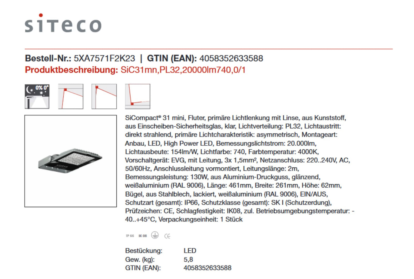 SITECO LED Fluter asymetrisch SiCompact 31 - 130W 4000K Sonderpreis!