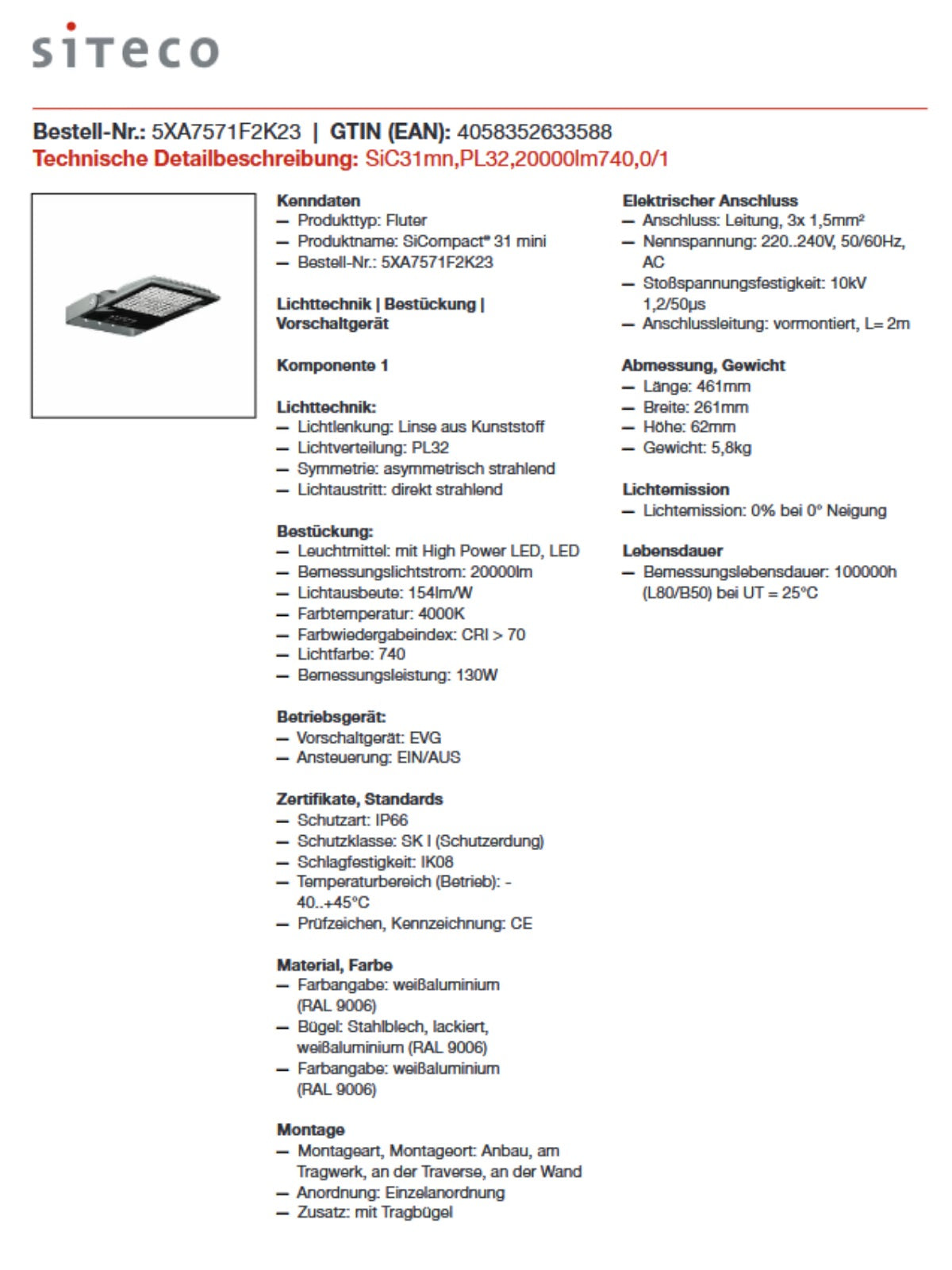 SITECO LED Fluter asymetrisch SiCompact 31 - 130W 4000K Sonderpreis!